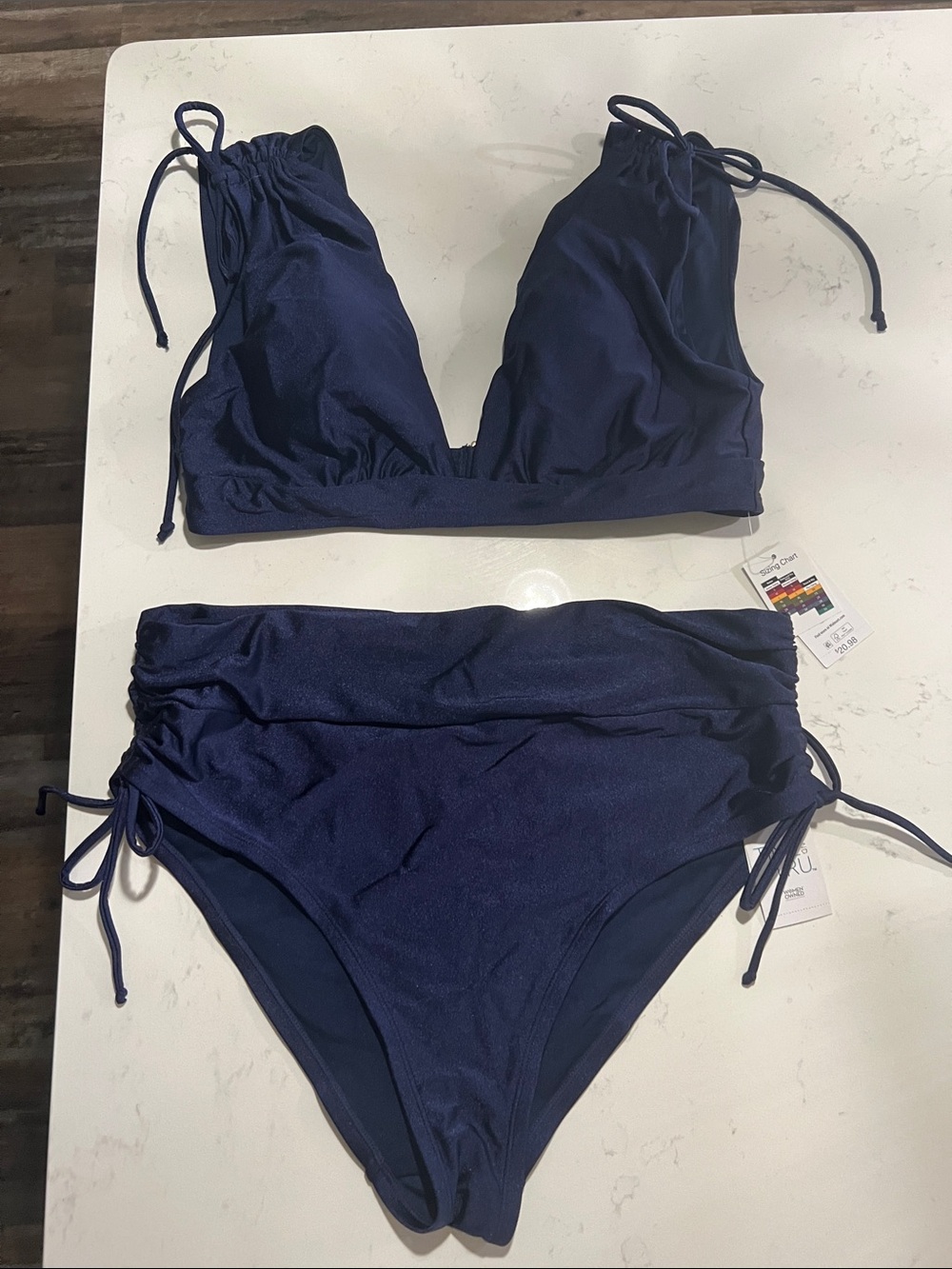 Time and Tru Navy Blue Ruched Tie-Side Bikini Set